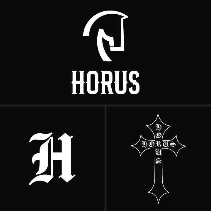 The Horus marks: the horse with the Horus wordmark, the gothic H and the cross